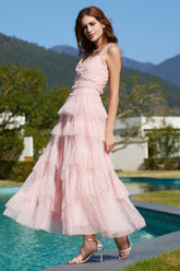 Ruffle V Neck Tiered Tulle Evening Dress
